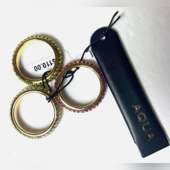 Aqua 14k Gold Plated Pave Rings with Pink and Green Crystals Set Of 3 - Picture 2 of 3